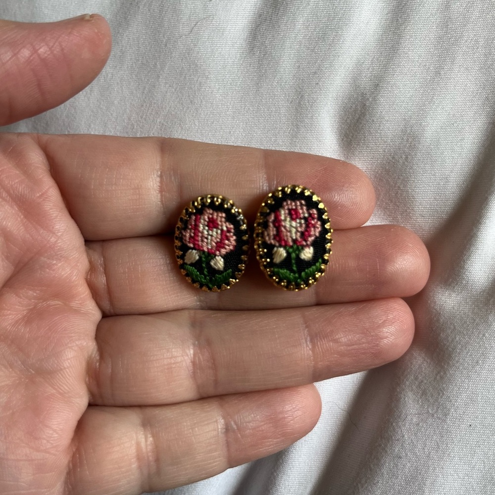 Vintage cross stitched rose earrings